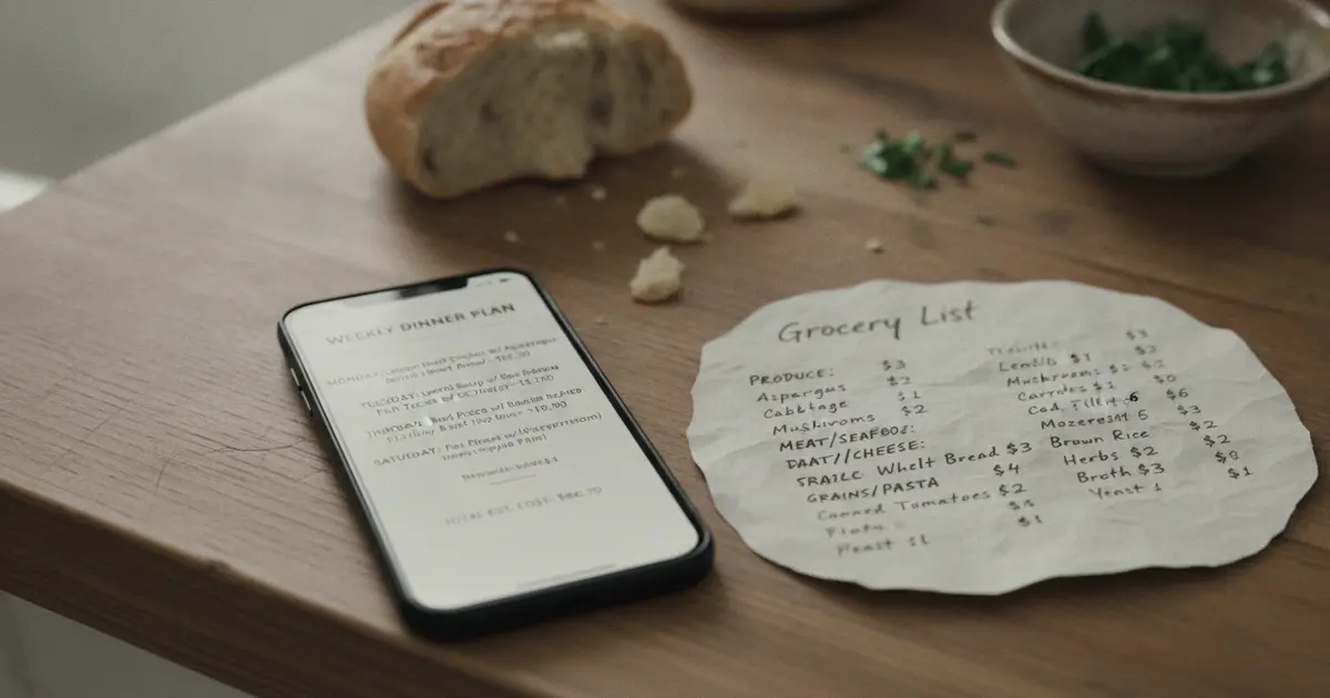 Smartphone showing an AI-generated weekly dinner plan with estimated prices beside a priced, aisle-sorted grocery list on a kitchen counter
