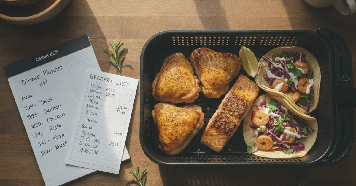 A week of air fryer dinner recipes laid out on a kitchen table with a grocery list and estimated prices