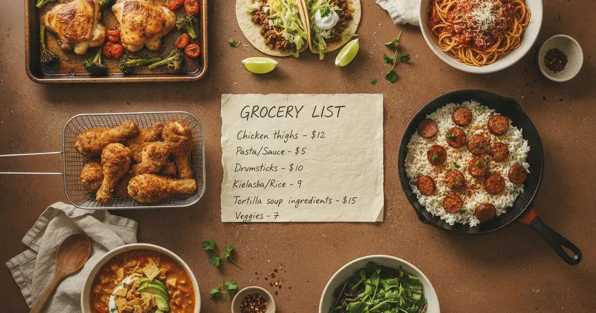 Seven weeknight dinners next to an aisle-sorted Aldi grocery list with estimated prices