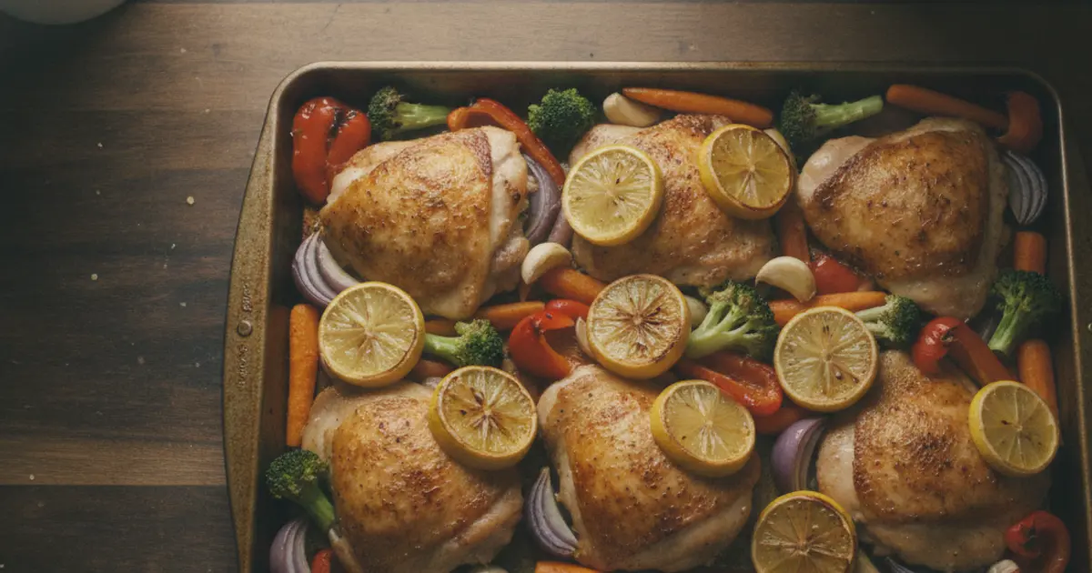 Sheet pan of golden roasted chicken thighs with lemon and vegetables, ready to portion for a week of batch cooking dinners