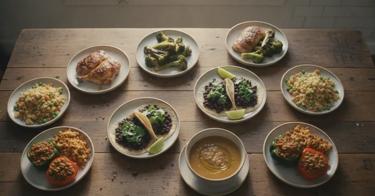 Ten cheap healthy dinner meals on a kitchen table including sheet-pan chicken thighs, black bean tacos, and lentil soup