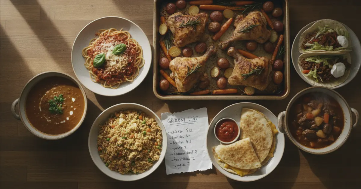 Seven cheap dinners laid out on a kitchen counter with a handwritten grocery list and price estimates