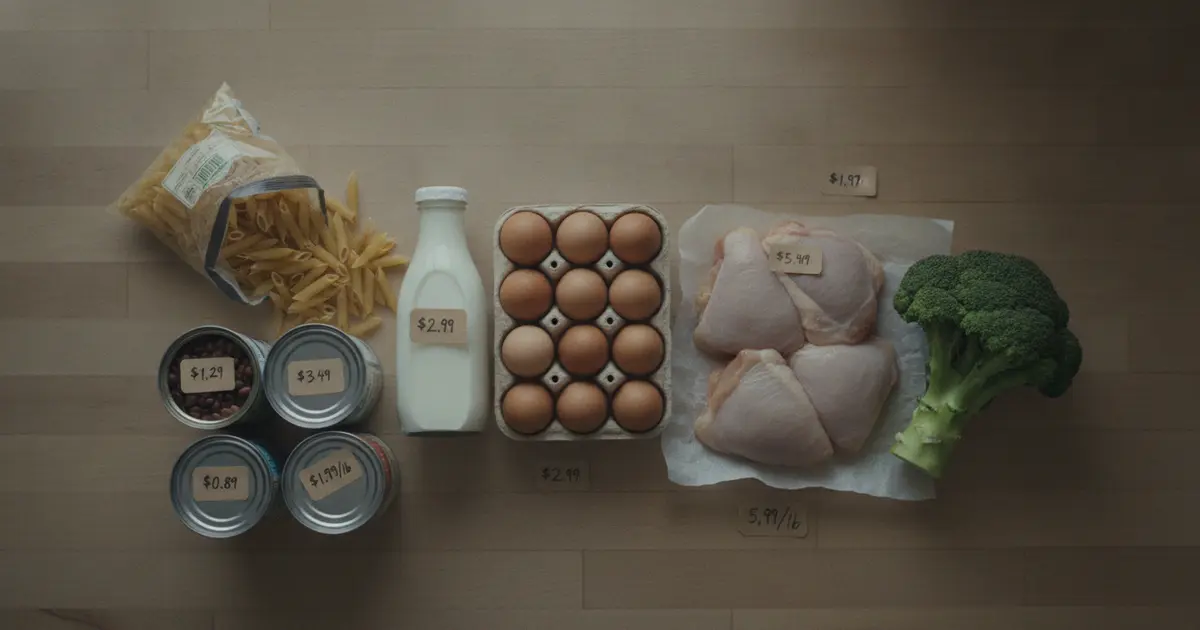 Side-by-side view of grocery store shelves at Aldi, Walmart, and Kroger with price tags visible, representing the cheapest grocery store comparison