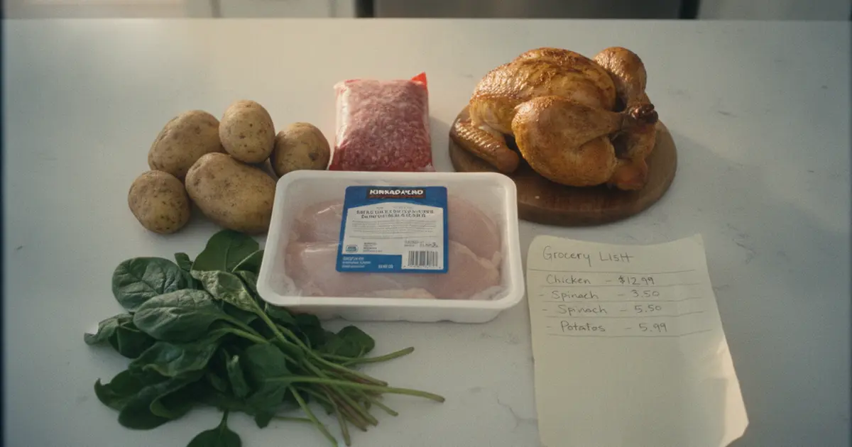 Five weeknight dinners laid out next to Costco bulk protein packs and a priced grocery list
