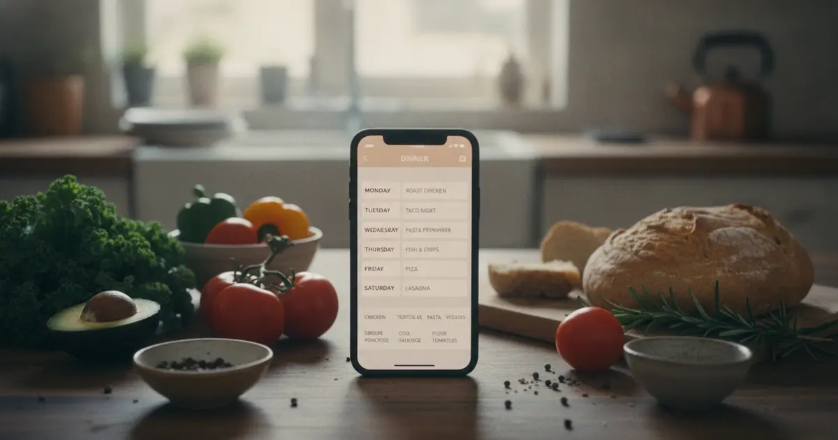 eMeals meal planning app on a smartphone next to a grocery list