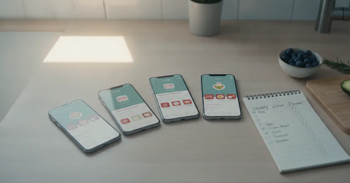 Five meal planning app screens arranged beside a weekly dinner planner and aisle-sorted grocery list on a kitchen counter