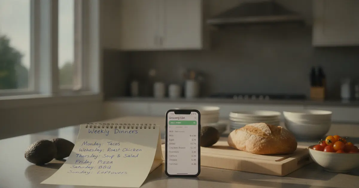 Priced grocery list beside a week of planned family dinners