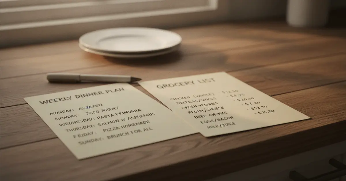 Priced grocery list for two beside a weekly dinner plan
