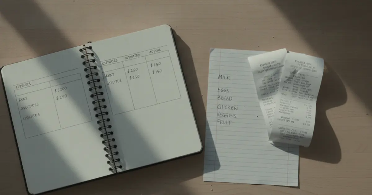 Handwritten grocery budget planner notebook next to a grocery list and folded receipts on a light wooden kitchen counter