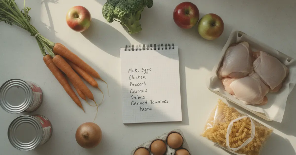 Organized grocery list on a notepad next to fresh produce, chicken, and pantry staples on a kitchen counter