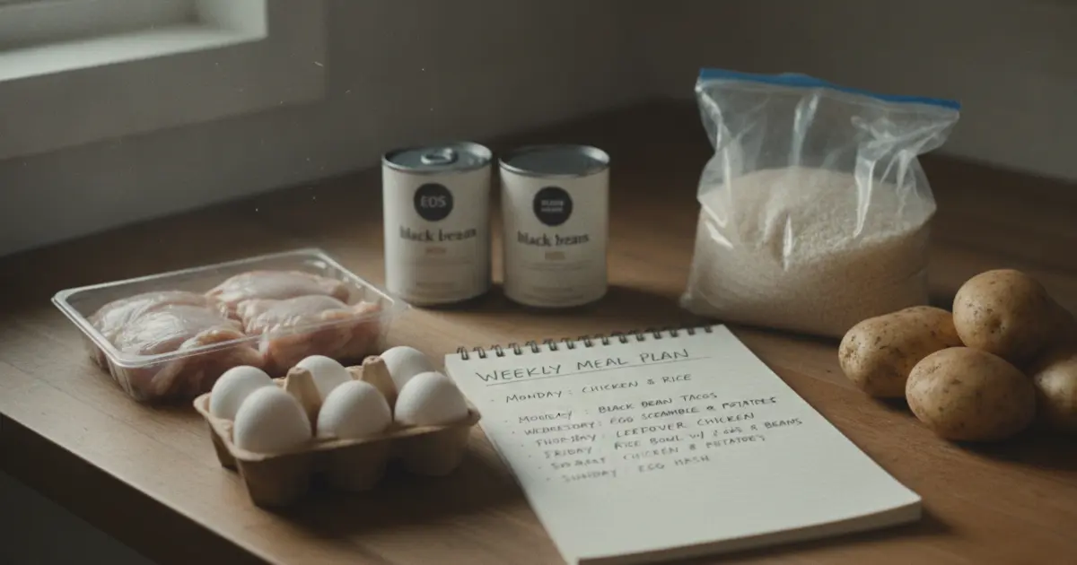 Weekly meal plan notepad with budget-friendly groceries on a kitchen counter