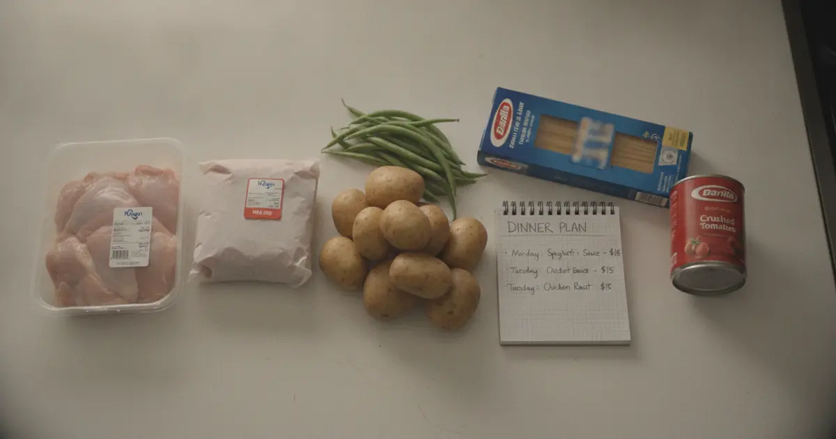 A week of Kroger dinners laid out on a kitchen counter with a priced grocery list