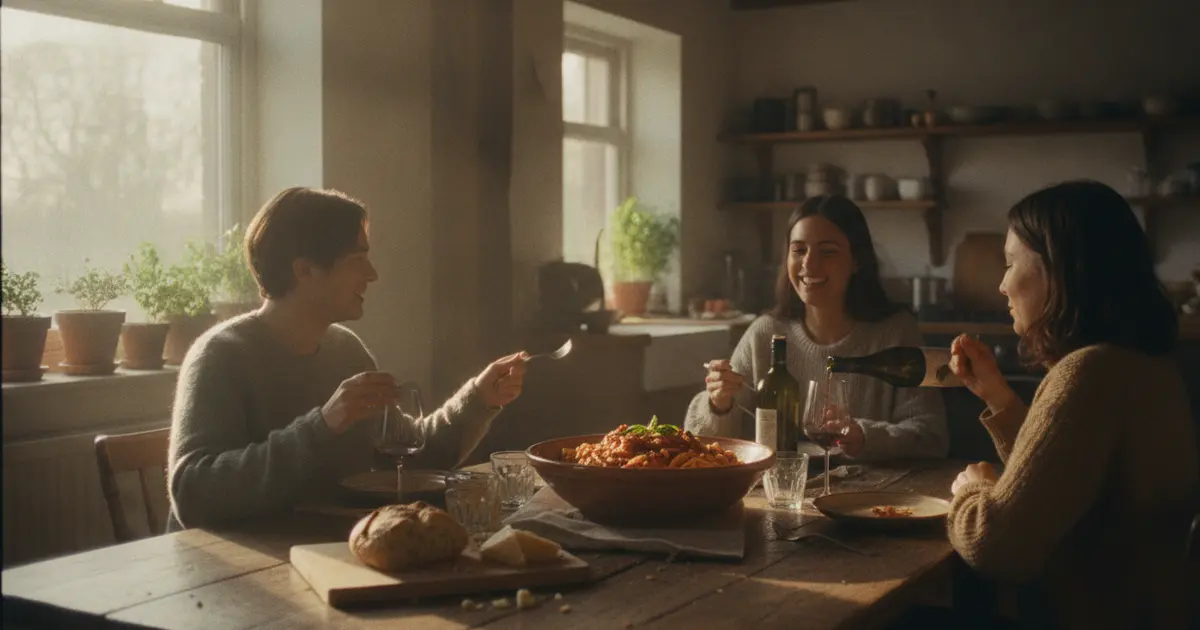 Three people sharing a home-cooked dinner at a kitchen table, warm light, a pasta dish in the center