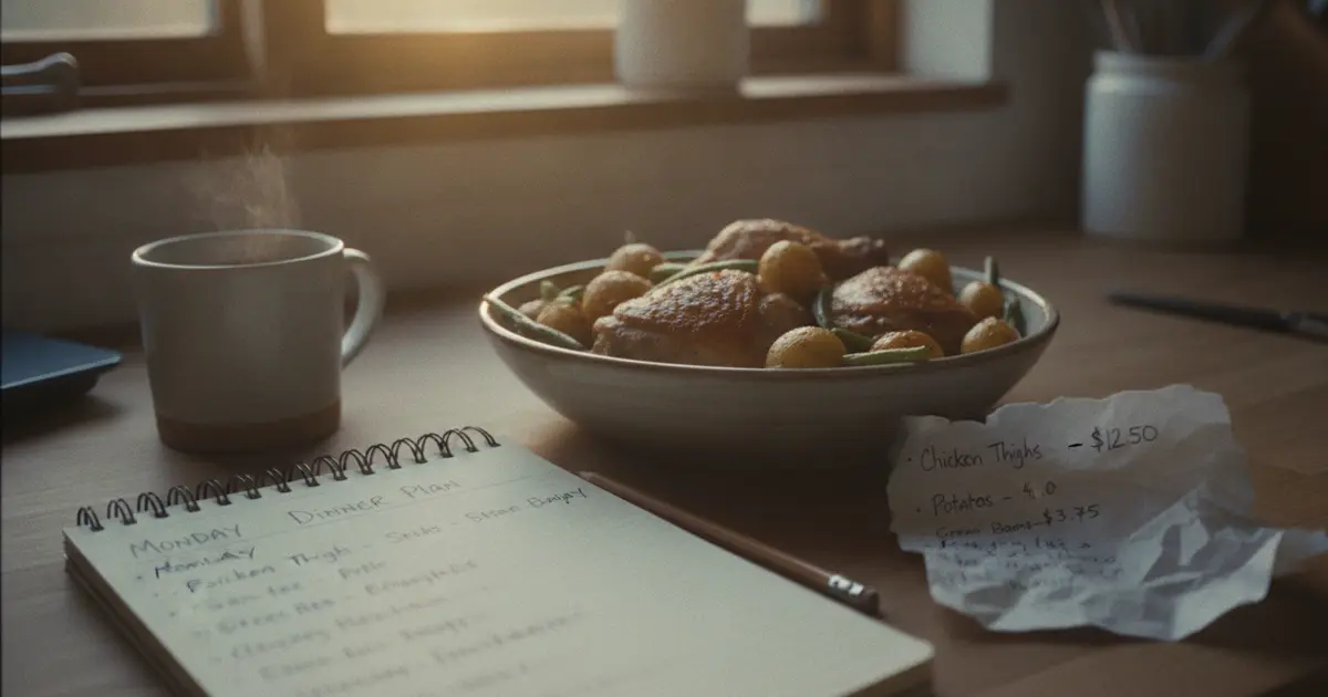 A weekly meal plan for a family of 4 laid out beside a priced grocery list on a kitchen counter
