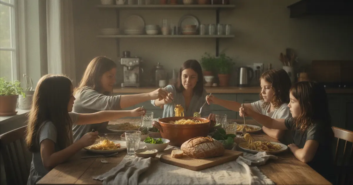 Five people gathered around a kitchen table sharing a home-cooked dinner, warm light, pasta dish in center