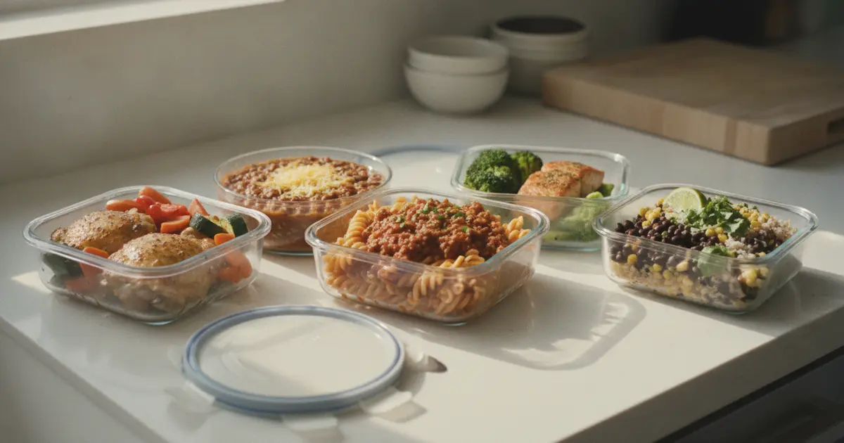 Five glass meal prep containers on a kitchen counter filled with different dinners: chicken and vegetables, turkey chili, pasta, salmon with broccoli, and rice bowls