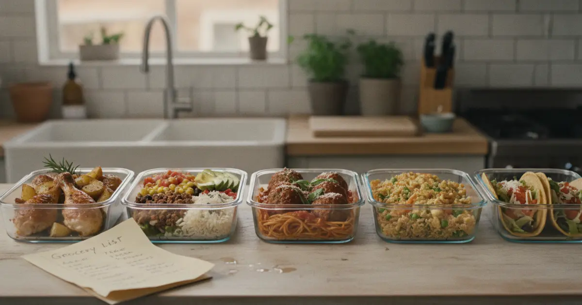 Five labeled glass meal prep containers on a kitchen counter, each filled with a different home-cooked dinner, beside a handwritten grocery list