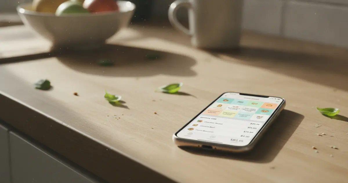 Smartphone displaying a meal planning app beside a handwritten grocery list on a kitchen counter