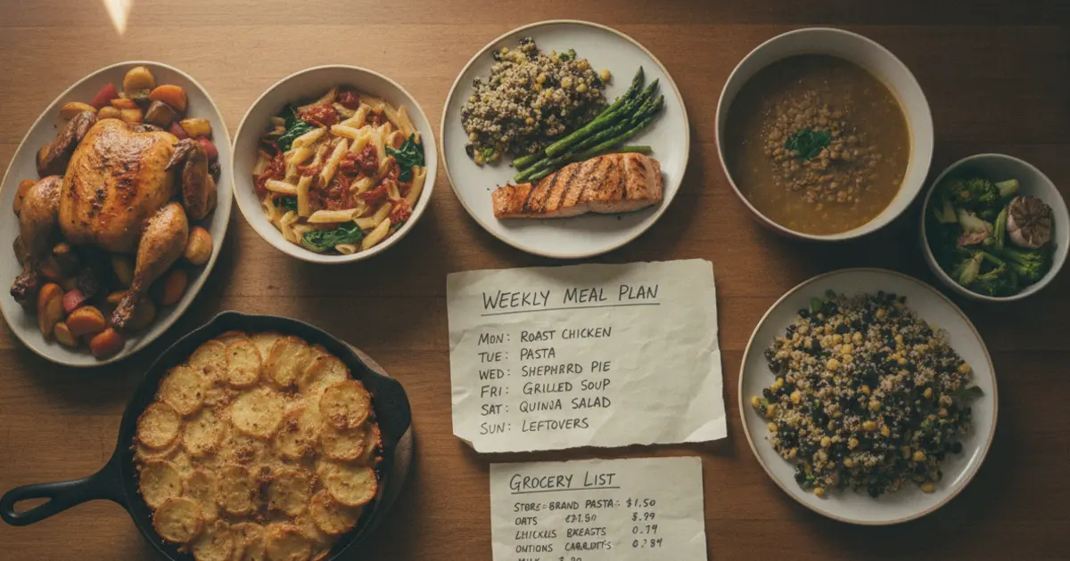 Seven home-cooked dinners with a priced Walmart grocery list on a kitchen counter