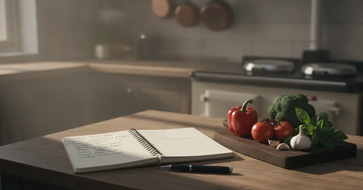 Handwritten weekly dinner plan on a notebook beside fresh vegetables on a kitchen counter