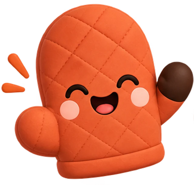 Mittsy mascot — a smiling terracotta oven mitt waving hello